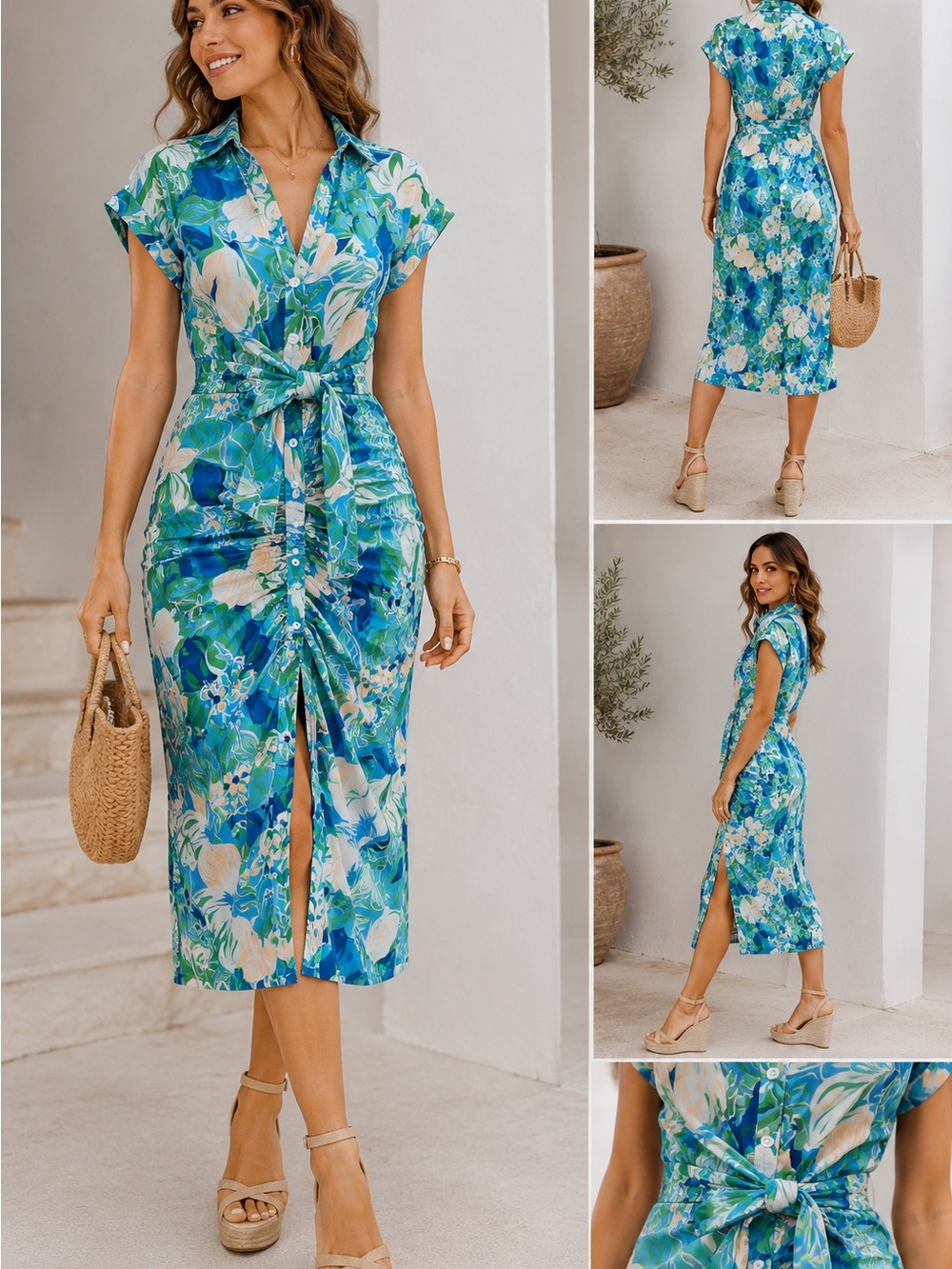Blue and Green Floral Ruched Midi Dress